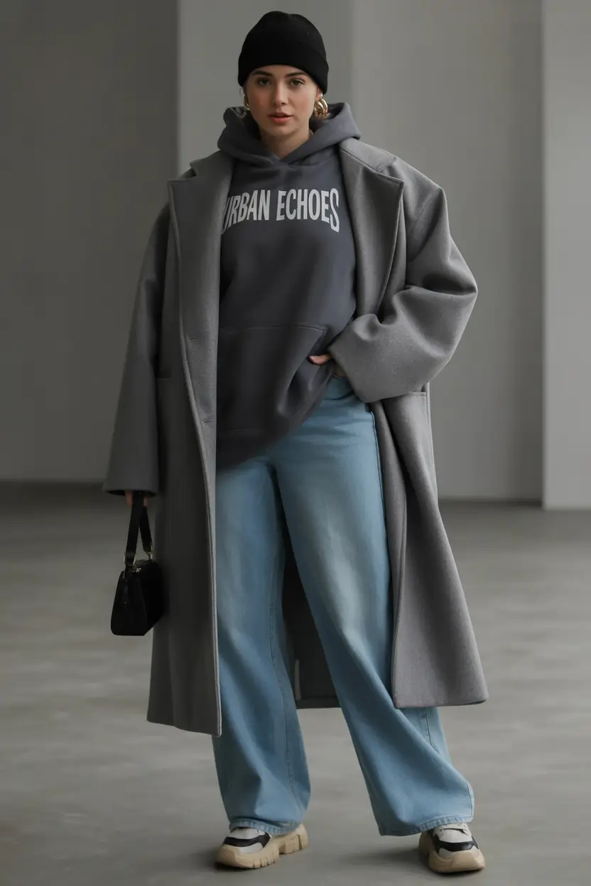 comfy winter outfits Grey Coat over Graphic Hoodie