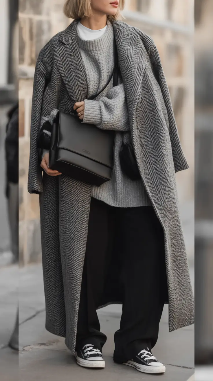 comfy winter outfits Textured Greys with Wide Coat