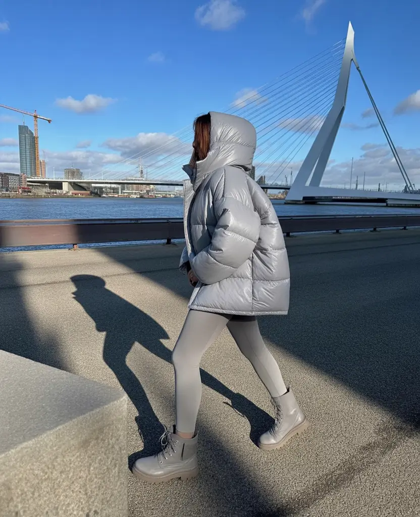 comfy winter outfits Silver Puffer with Leggings