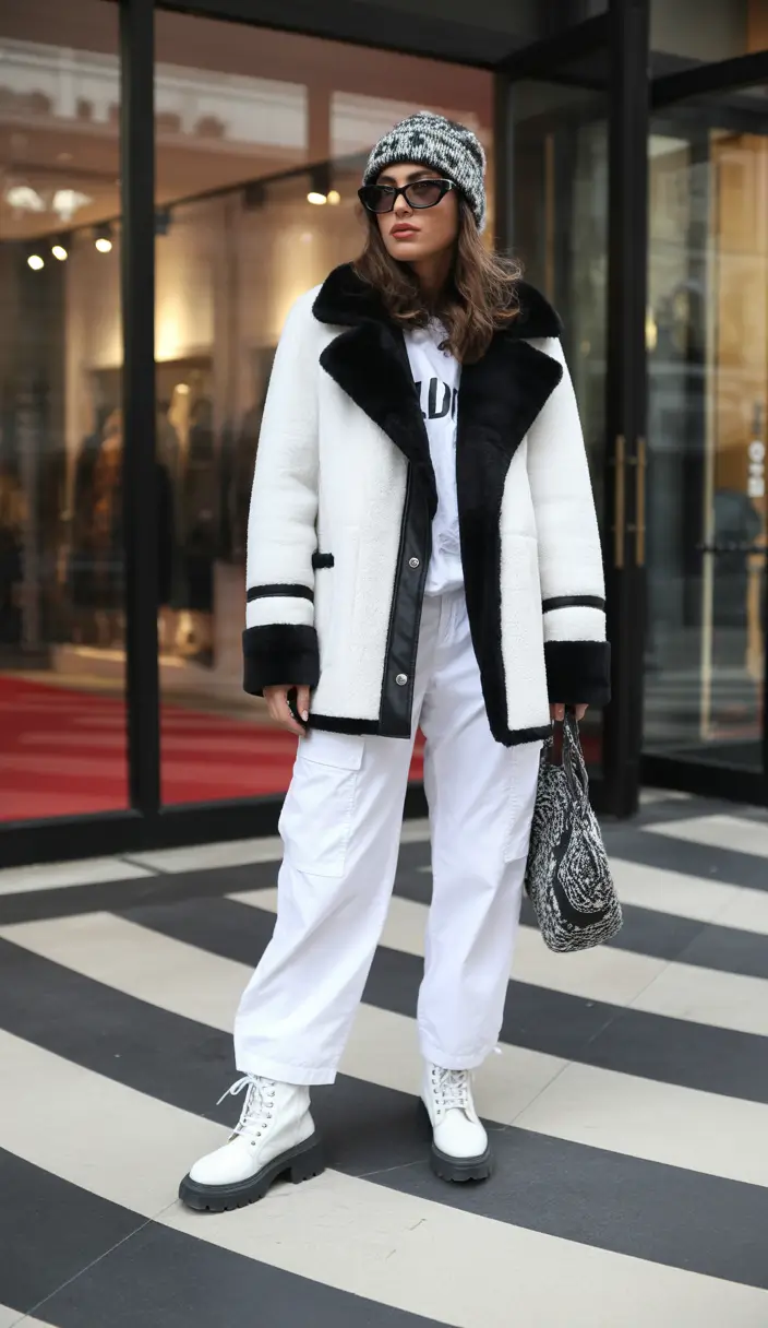 comfy winter outfits Monochrome White with Black Accents