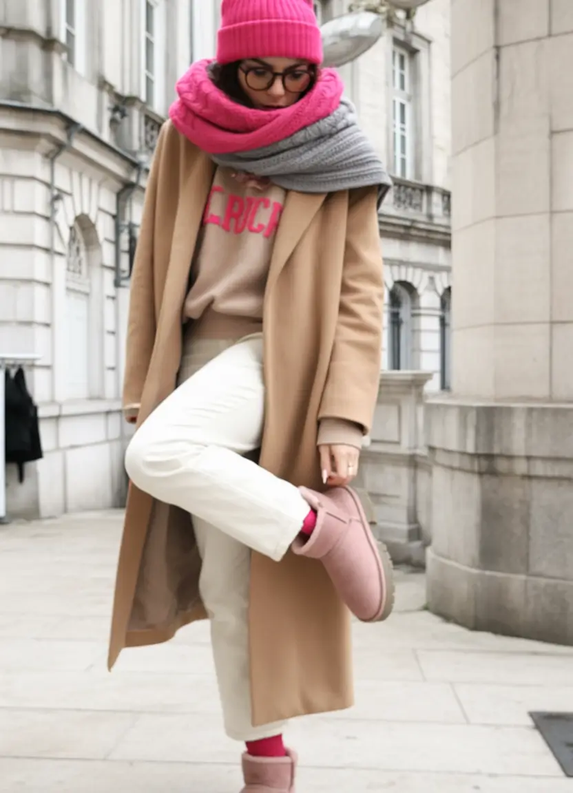comfy winter outfits Beige Coat with Pops of Hot Pink