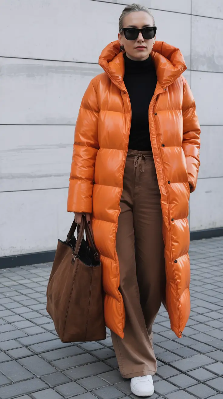 comfy winter outfits Bold Orange Puffer Statement