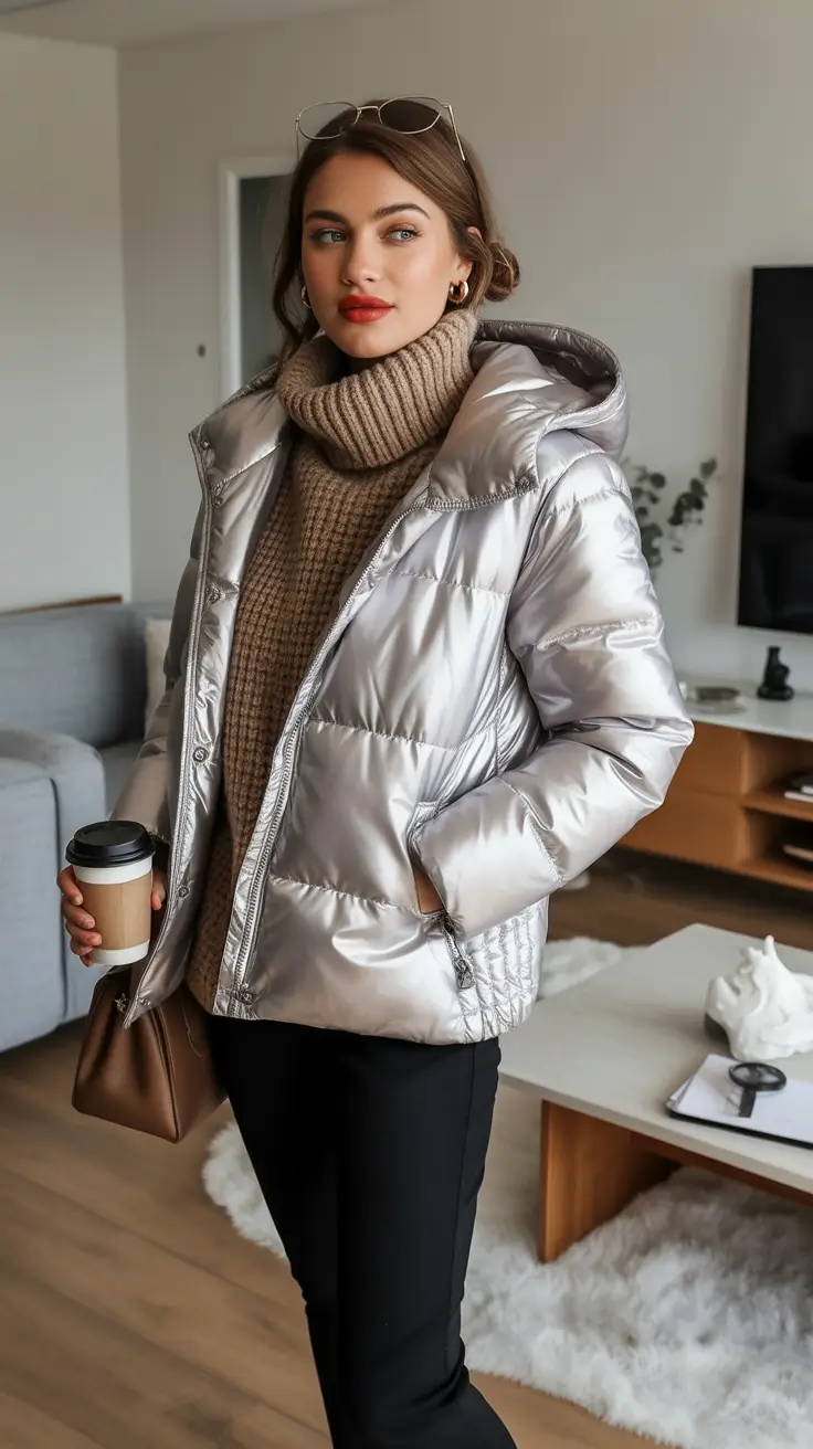 comfy winter outfits Shiny Puffer with Knit Turtleneck