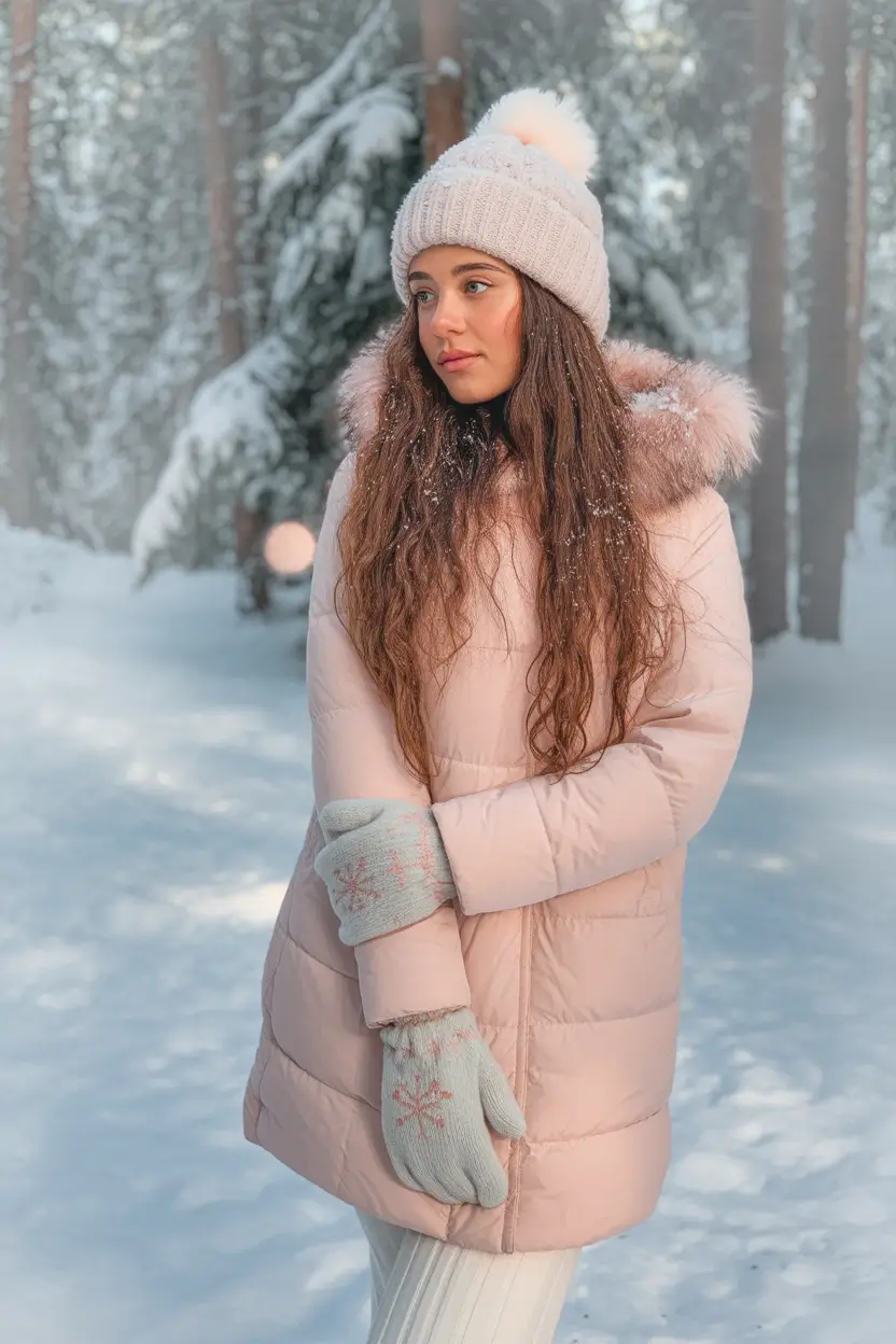 comfy winter outfits Soft Pink Puffer with Knit Mittens