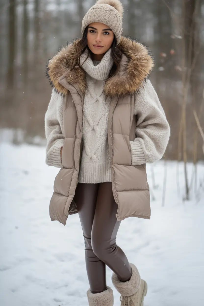 comfy winter outfits Knit Layers with a Fur-Lined Puffer Vest