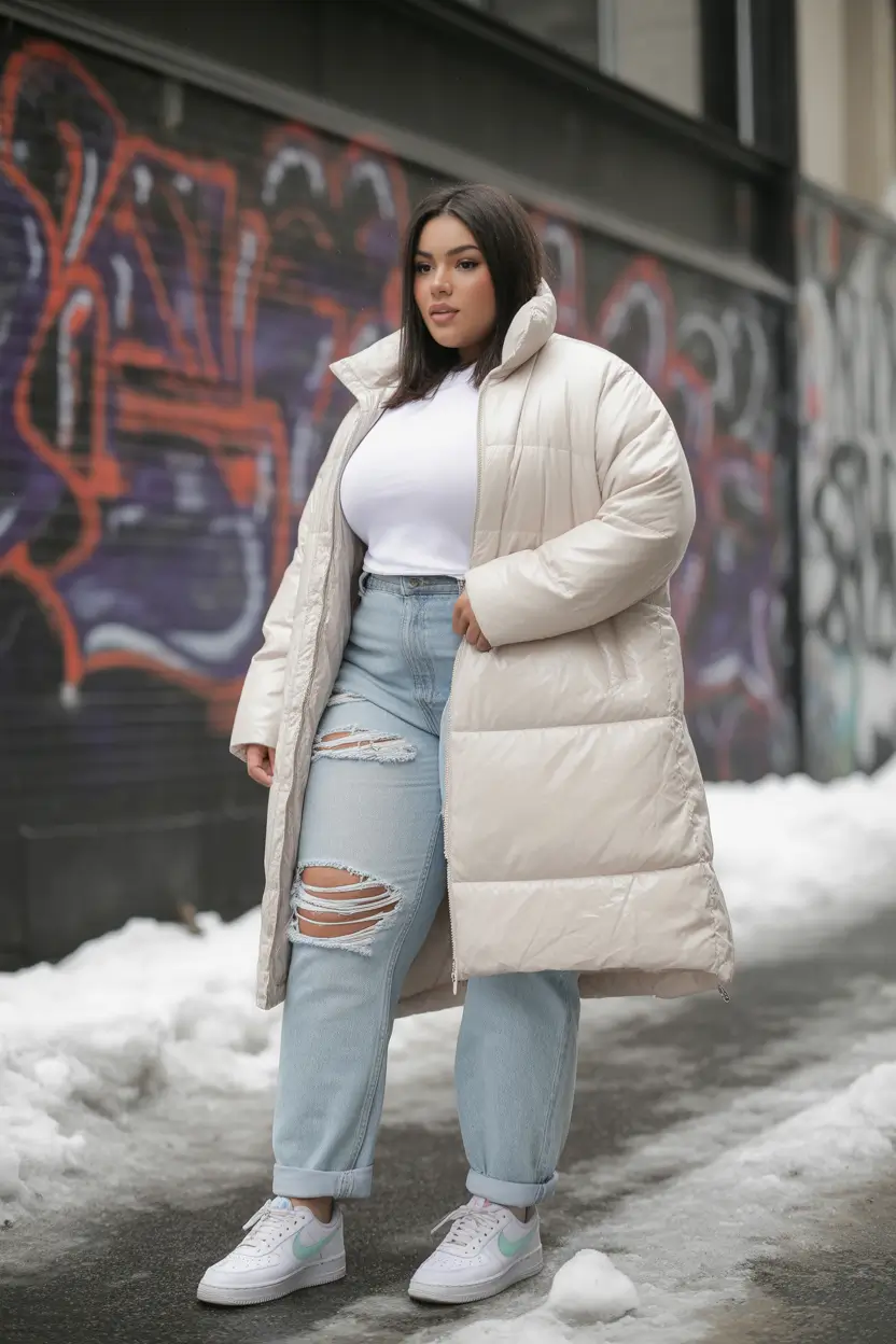 curvy winter outfits Effortless Street Cool in Neutrals