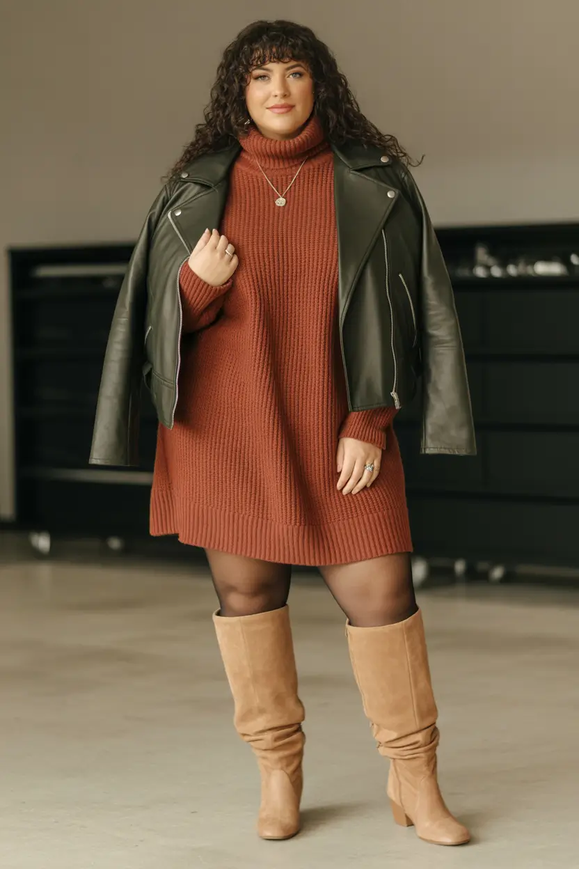 curvy winter outfits Rust Knit with Rocker Edge