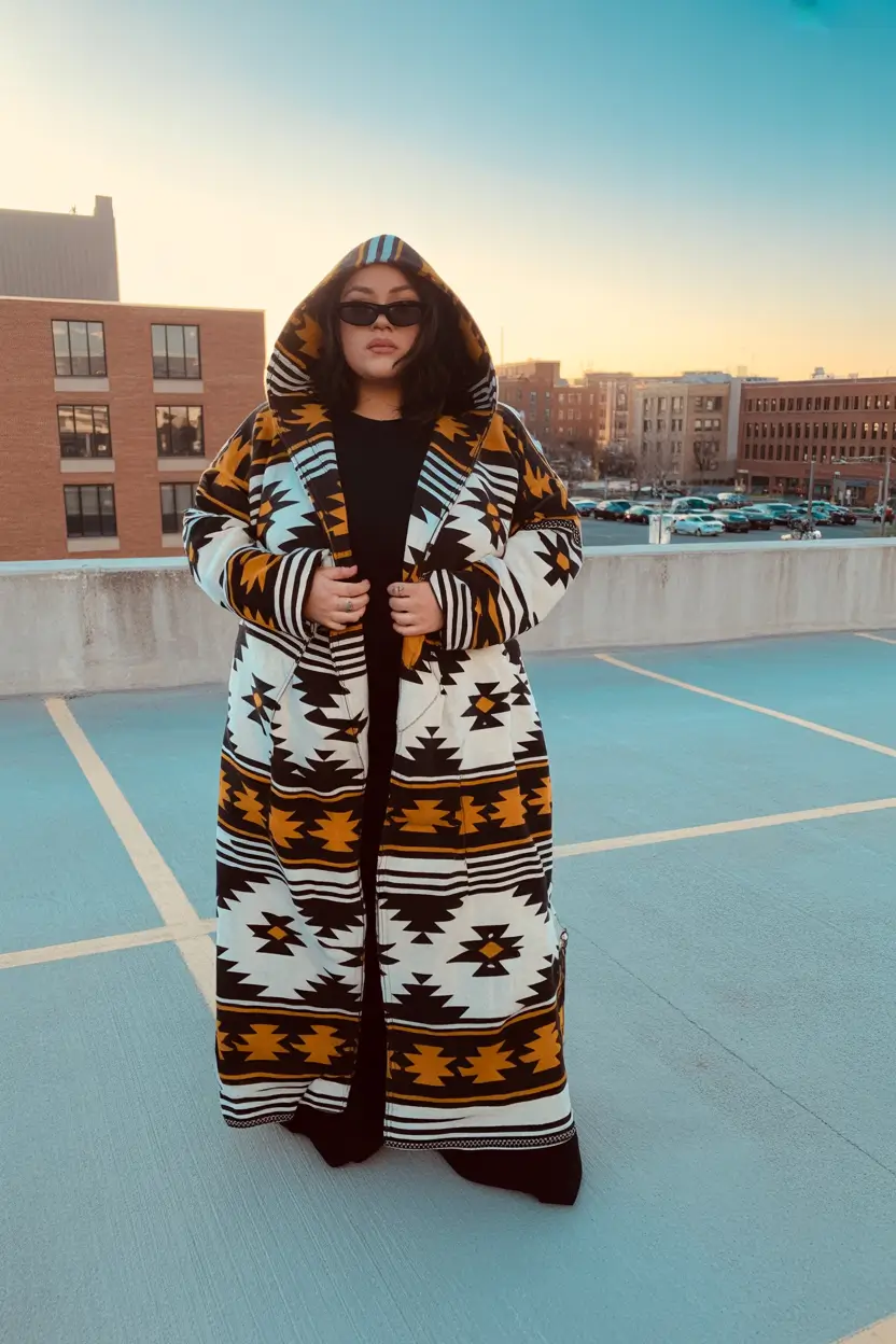 curvy winter outfits Pattern Power in Oversized Layers