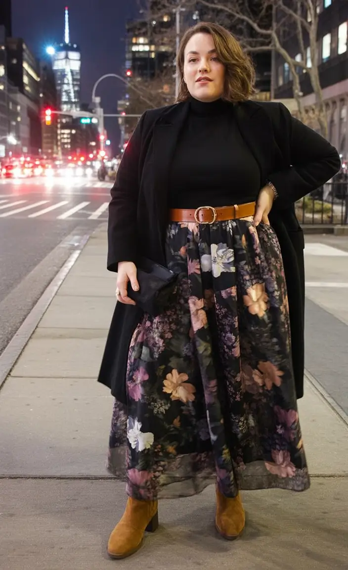 curvy winter outfits Floral Nights in the City