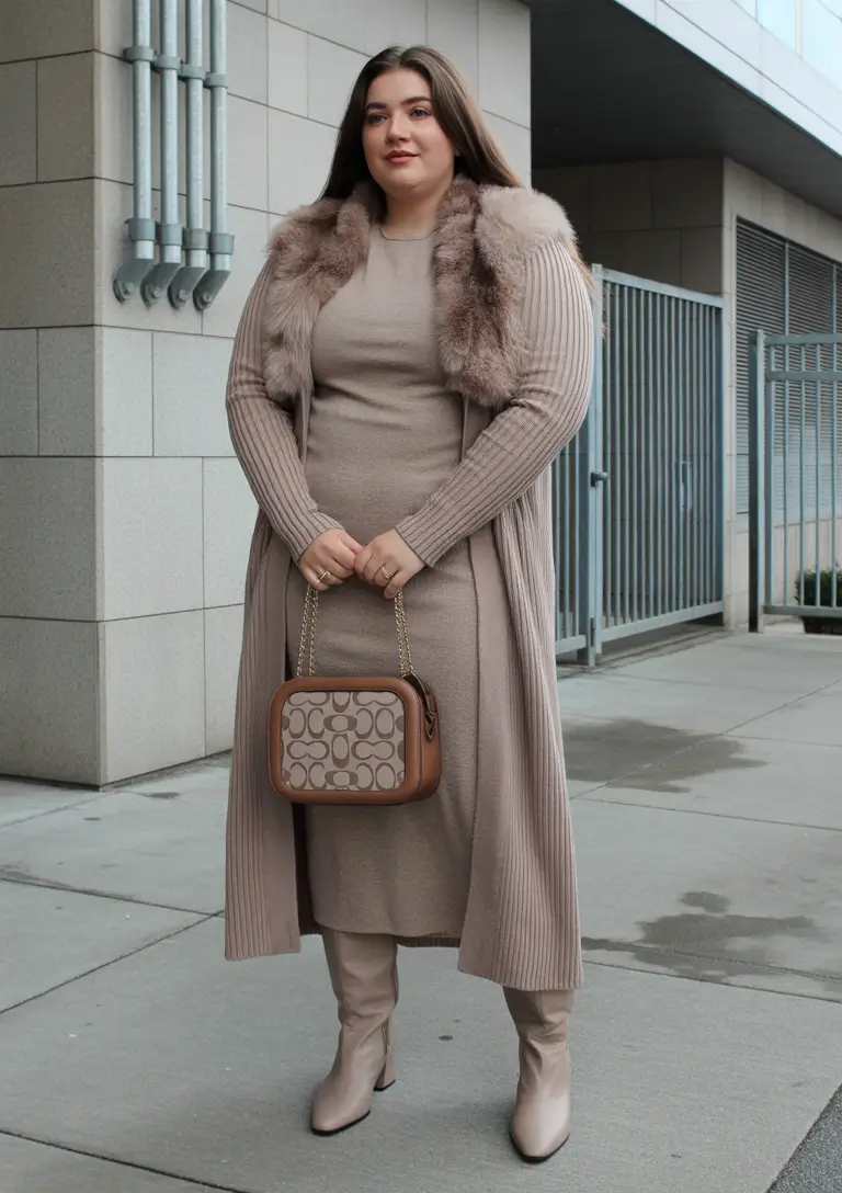 curvy winter outfits Textured Neutrals with Fur Accents