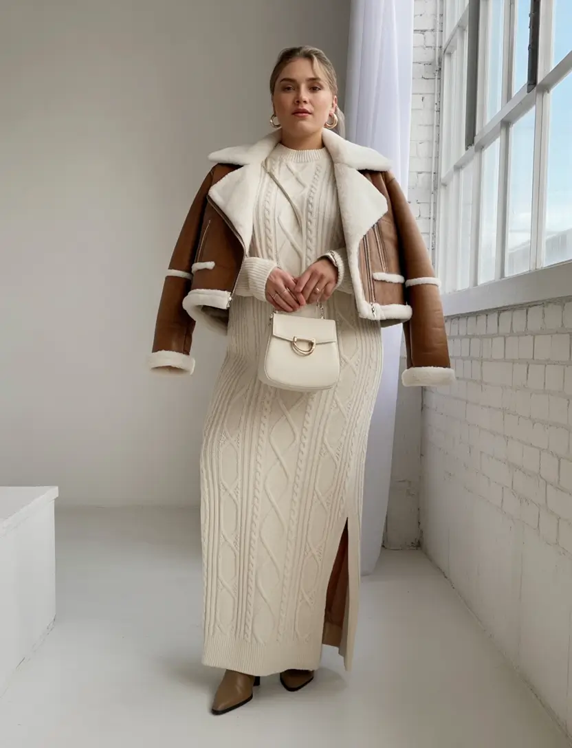 curvy winter outfits Knit Dress with Shearling Edge