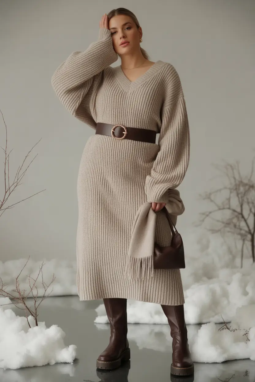 curvy winter outfits Belted Knit and Tall Boots