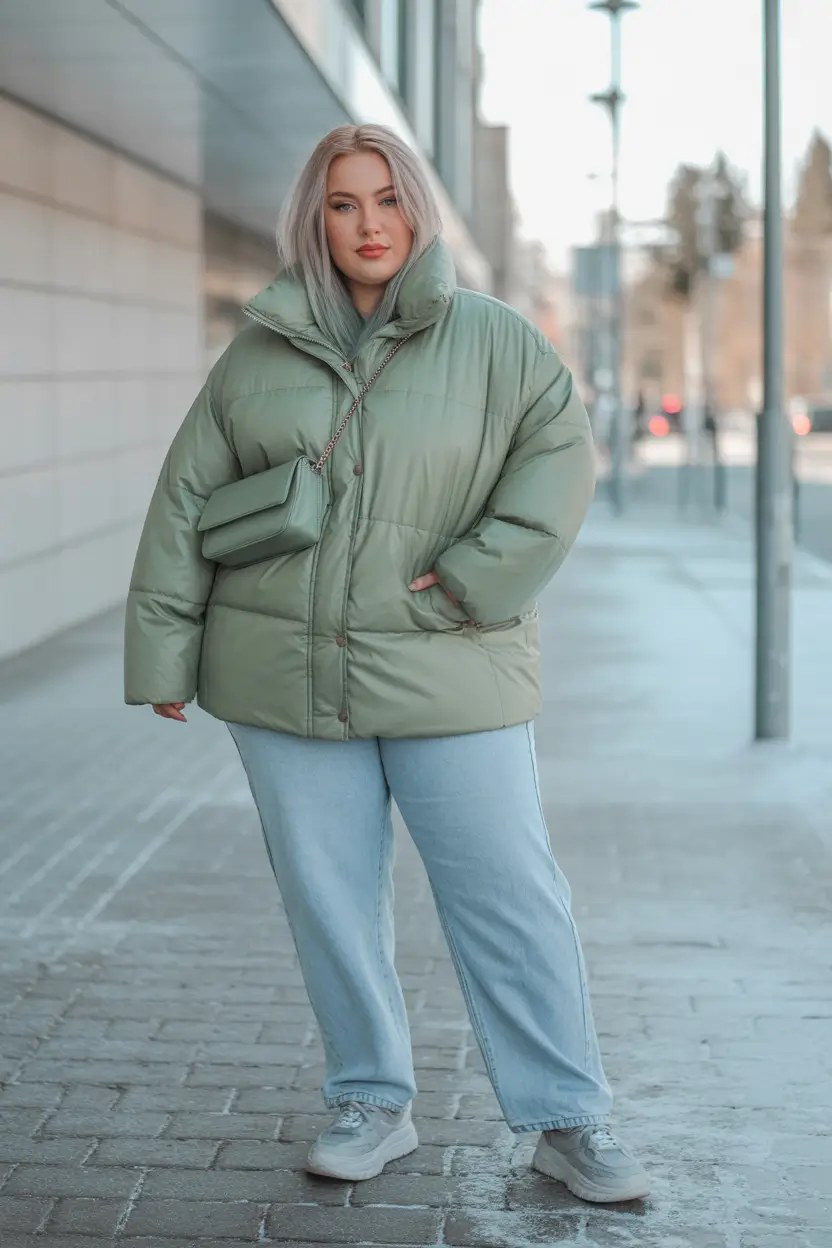 curvy winter outfits Minty Fresh Puffer Energy