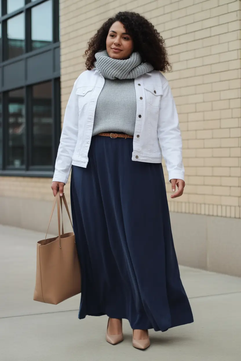 curvy winter outfits Navy Flow with White Layers
