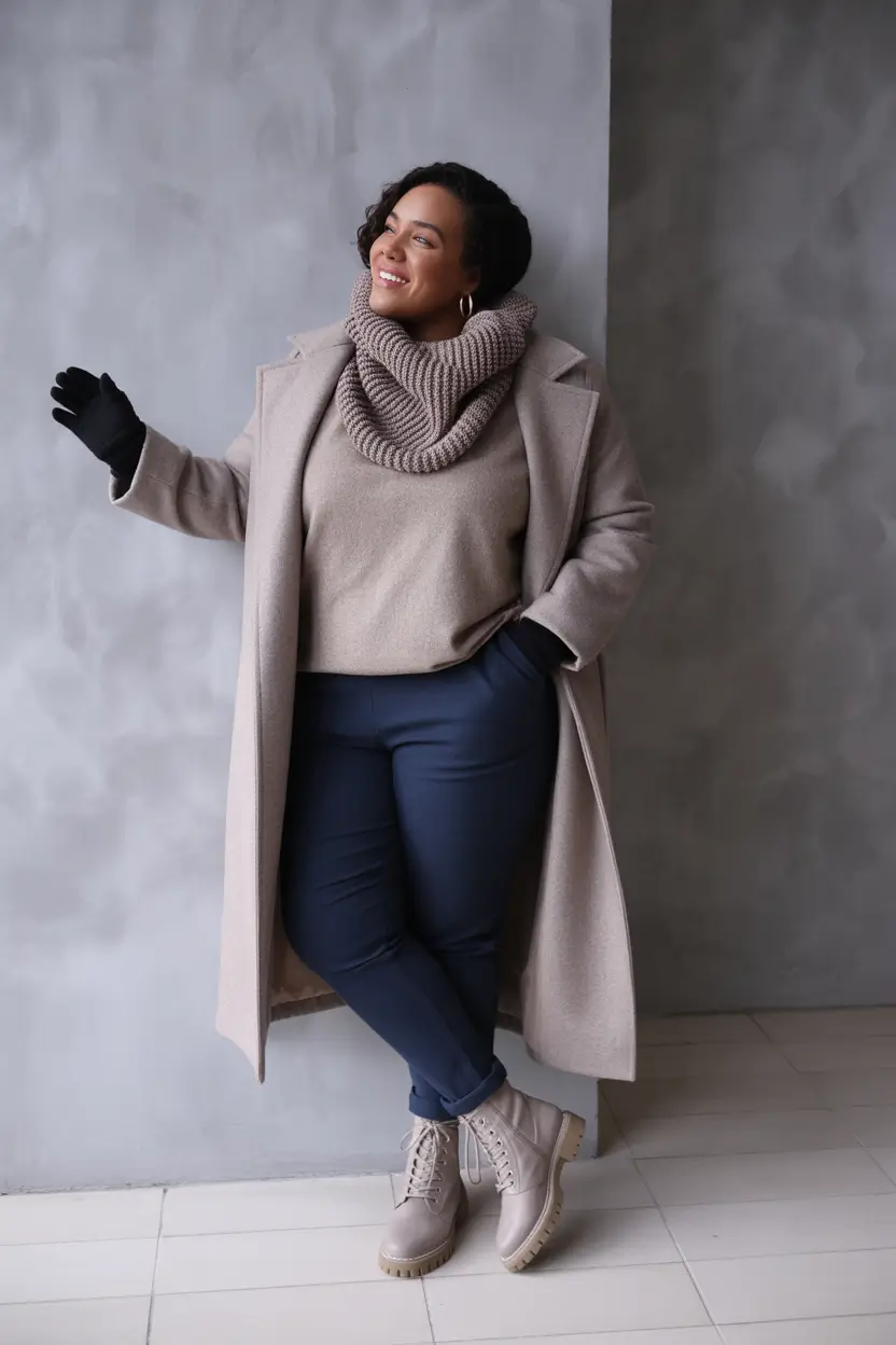 curvy winter outfits Taupe and Navy Ease