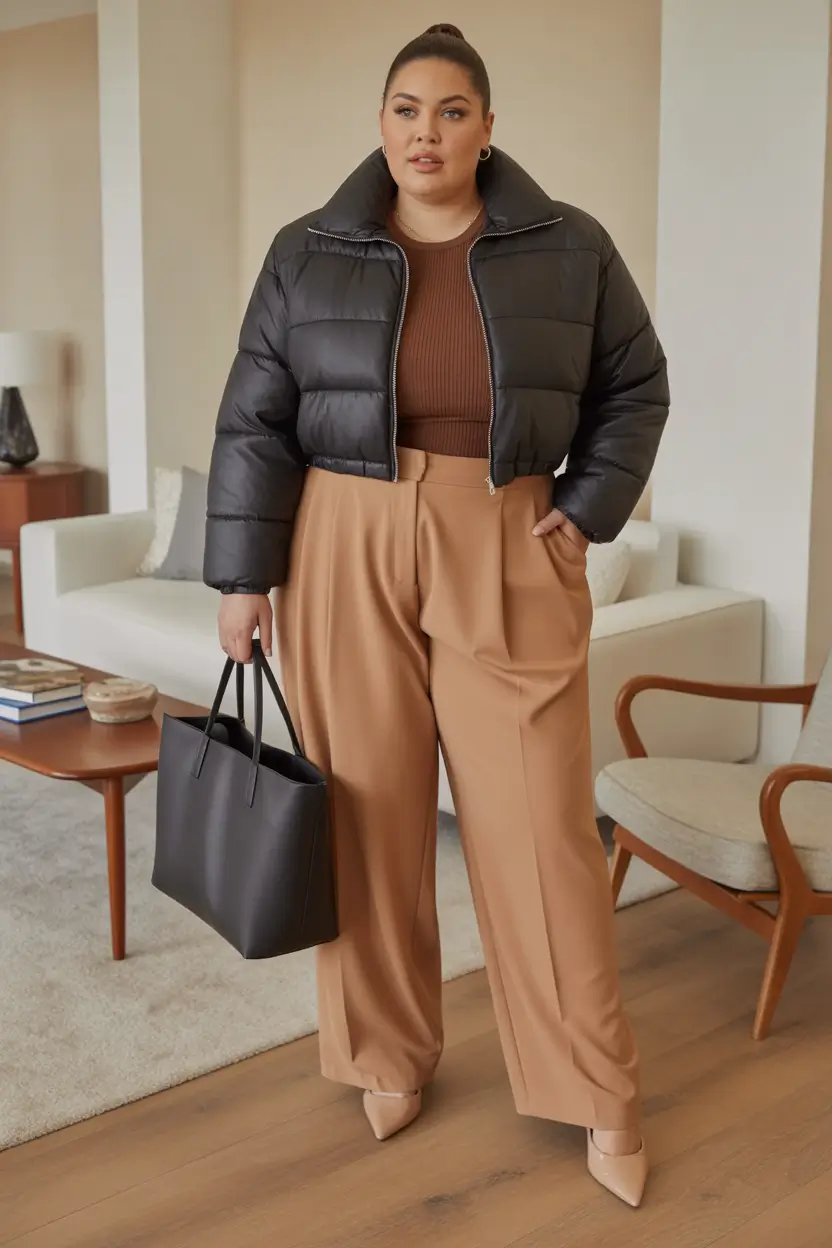 curvy winter outfits Neutral Chic with Cropped Puffer