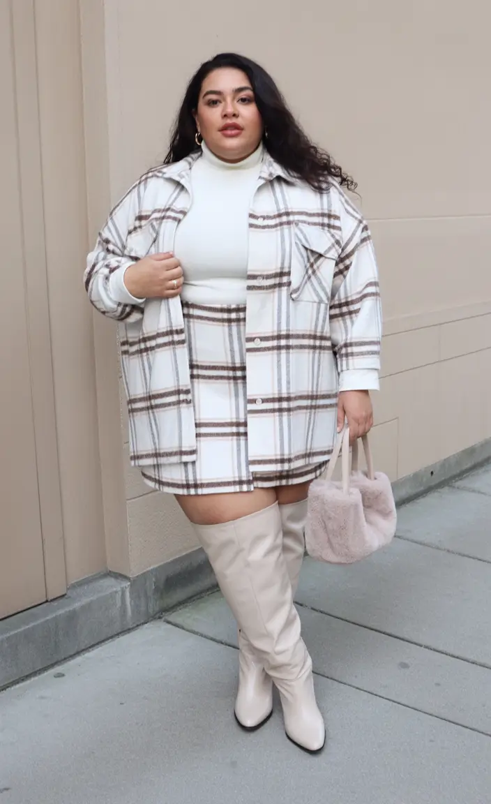curvy winter outfits Checkered Chic with a Mini Skirt
