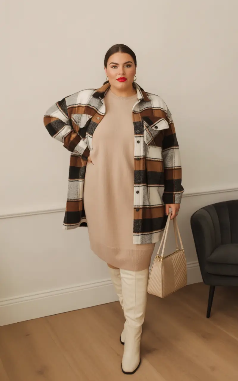 curvy winter outfits Cozy Plaid and Knit Balance