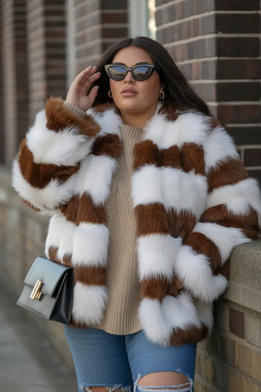 curvy winter outfits Striped Faux Fur Drama