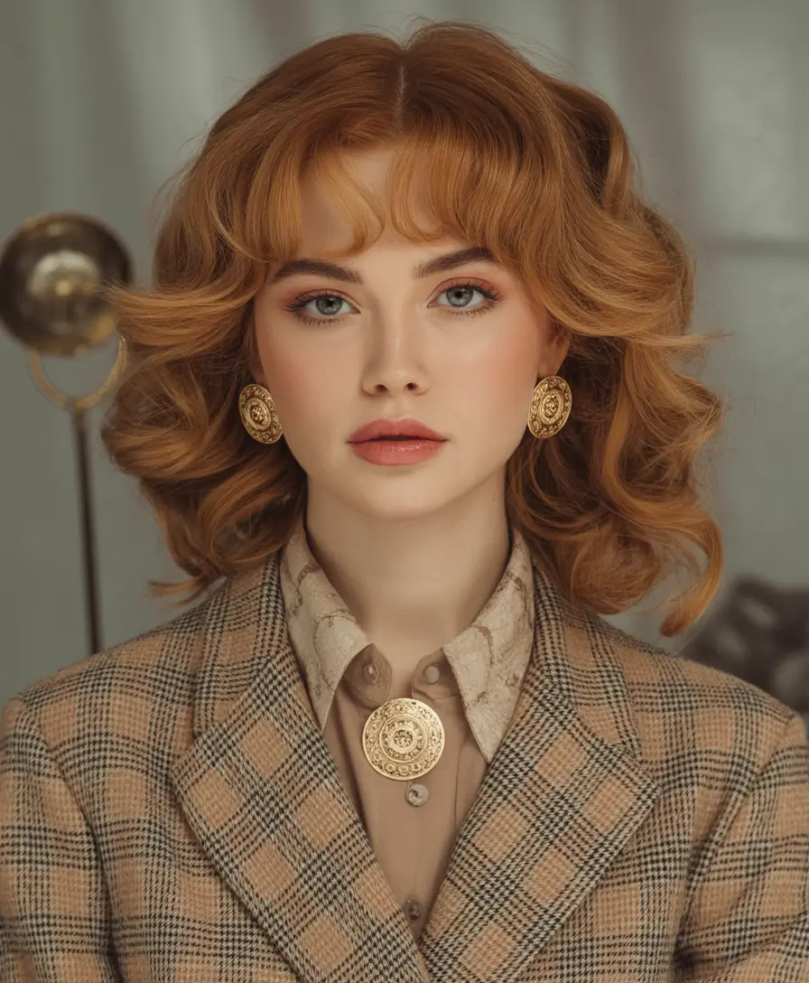 cute winter haircuts Retro Ginger Curls with Curtain Bangs