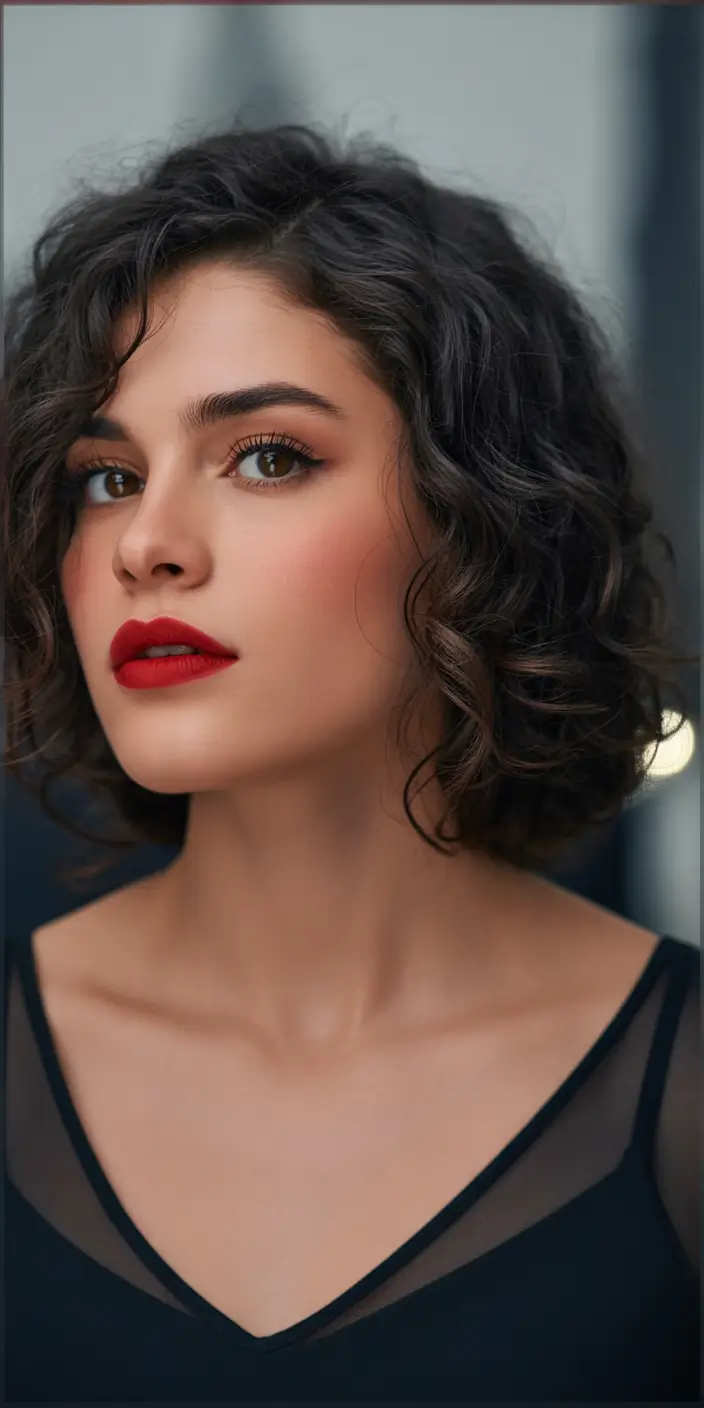cute winter haircuts Classic Curly Bob with Red Lip