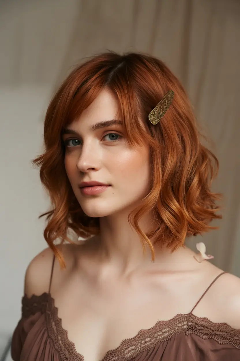 cute winter haircuts Playful Copper Bob with Clip Accent