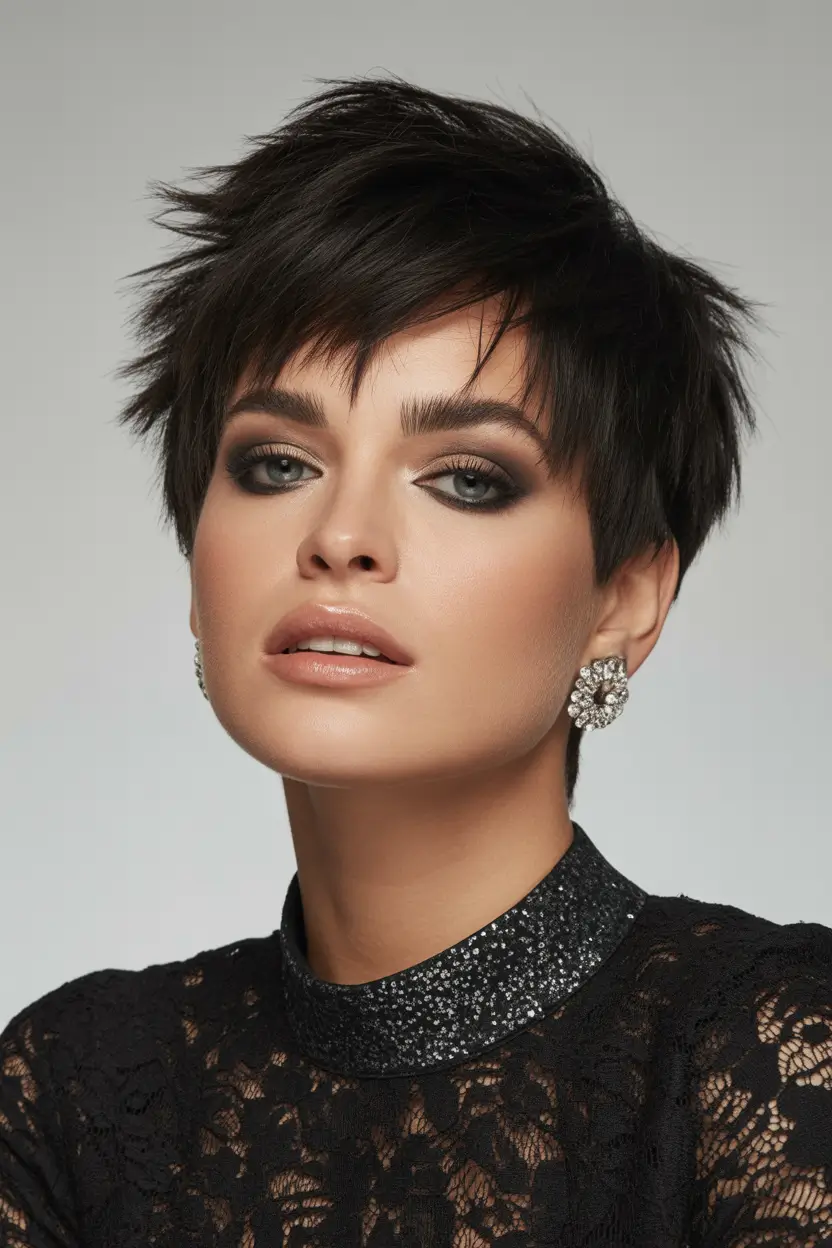 cute winter haircuts Edgy Dark Pixie with Smoky Styling