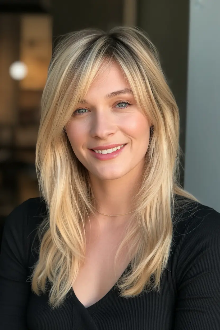 cute winter haircuts Butter Blonde Layers with Fringe