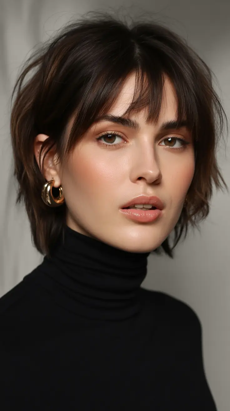 cute winter haircuts Textured Shag with Wispy Bangs