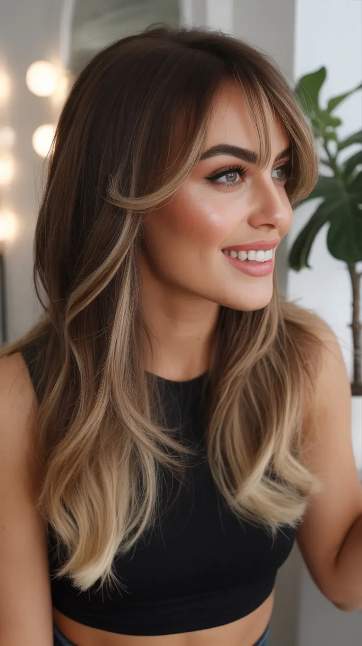 cute winter haircuts Glossy Brunette with Curtain Bangs