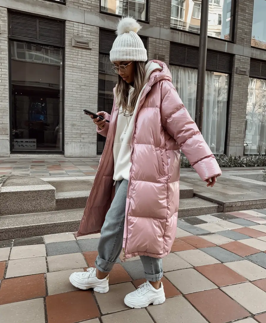 cute winter outfits Pink Puffer Glow