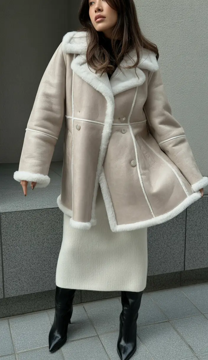 cute winter outfits Shearling Elegance with a Skirt