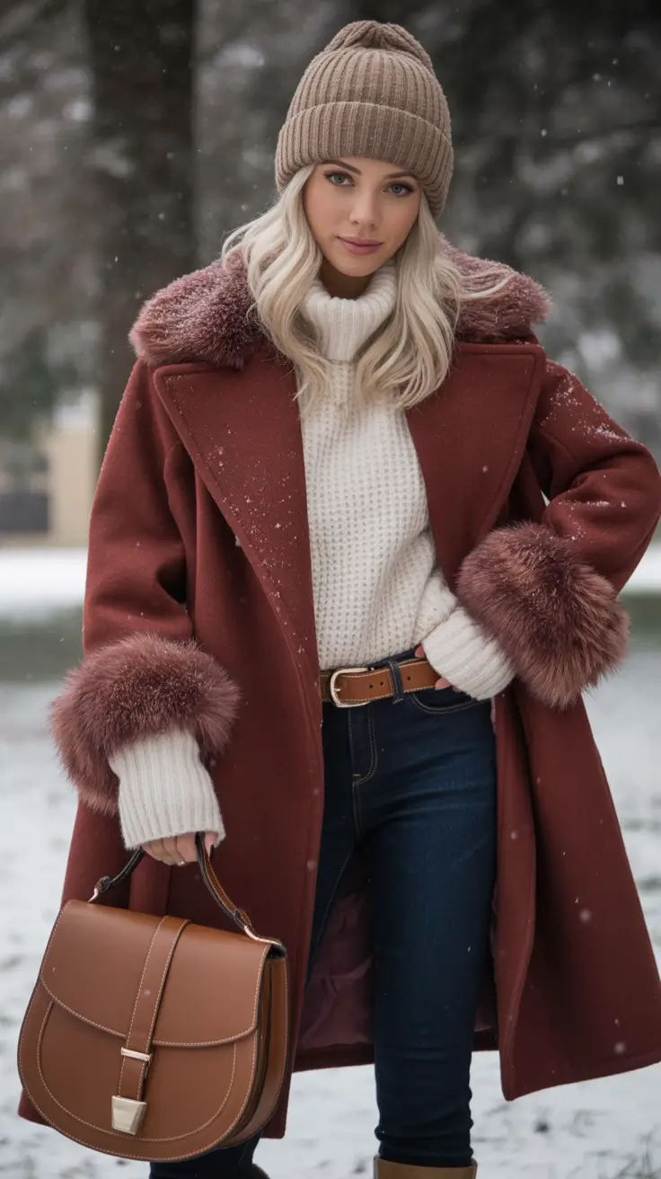 cute winter outfits Rustic Red with Faux Fur Accents