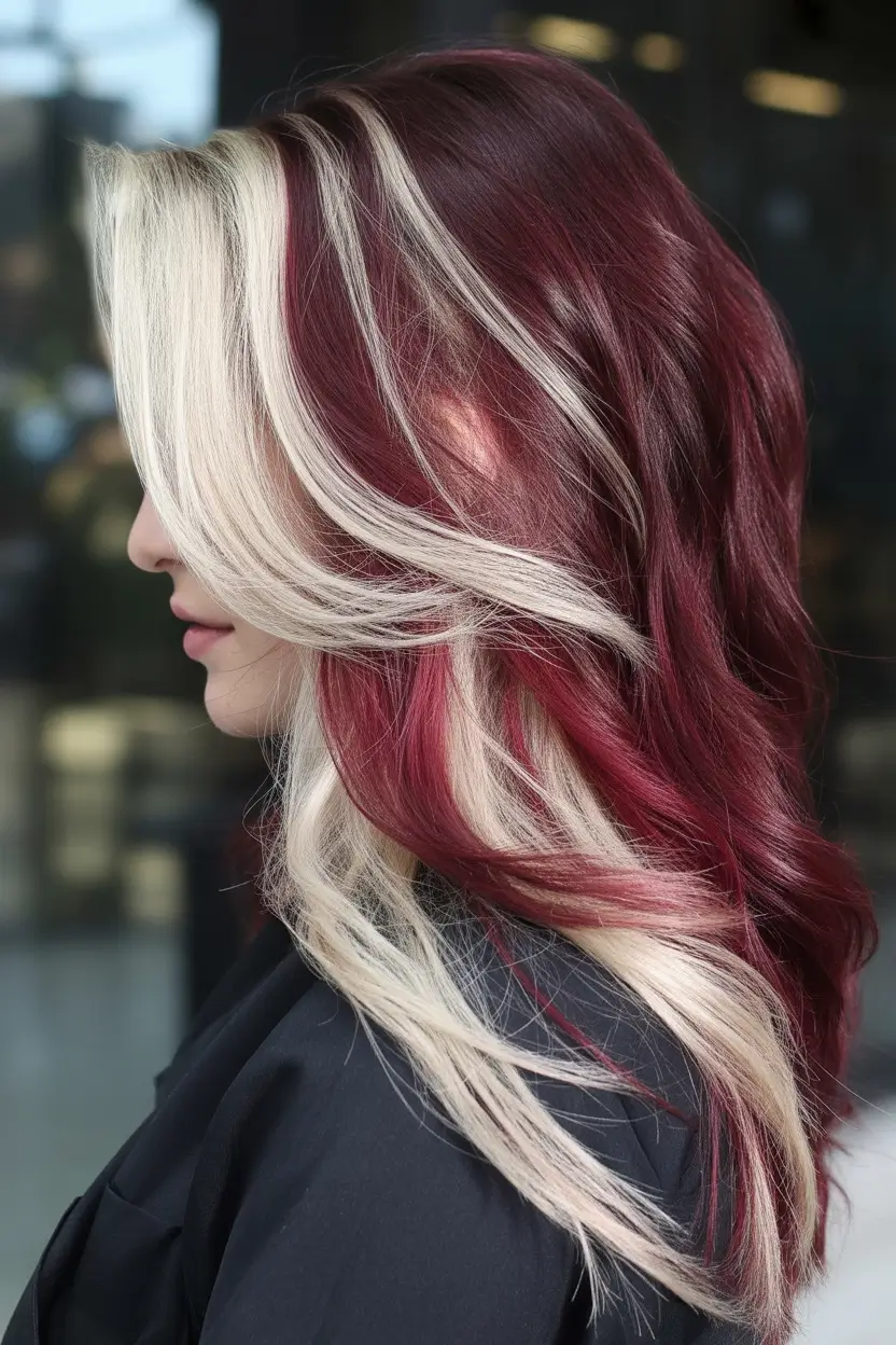 deep winter hair colors Crimson and Platinum Contrast