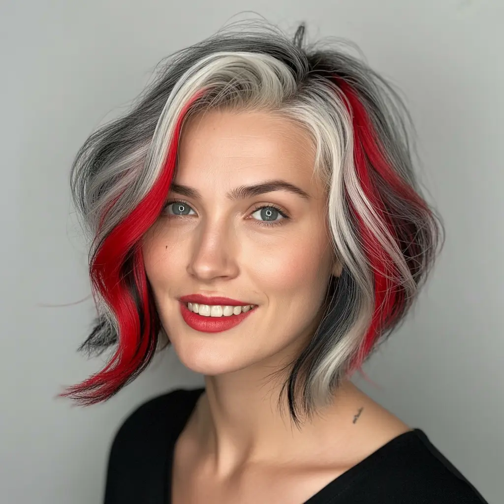 deep winter hair colors Graphic Red, Black, and White Bob