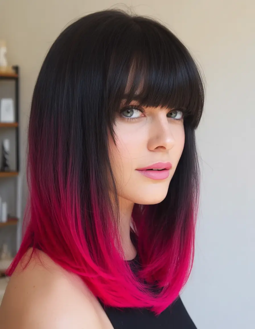 deep winter hair colors Black to Neon Pink Gradient