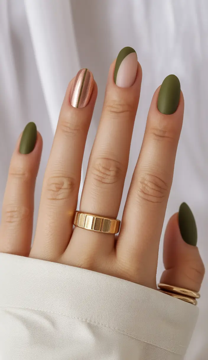 Fall Nail Color Ideas for Women Over 40 Olive Green with Metallic Accent