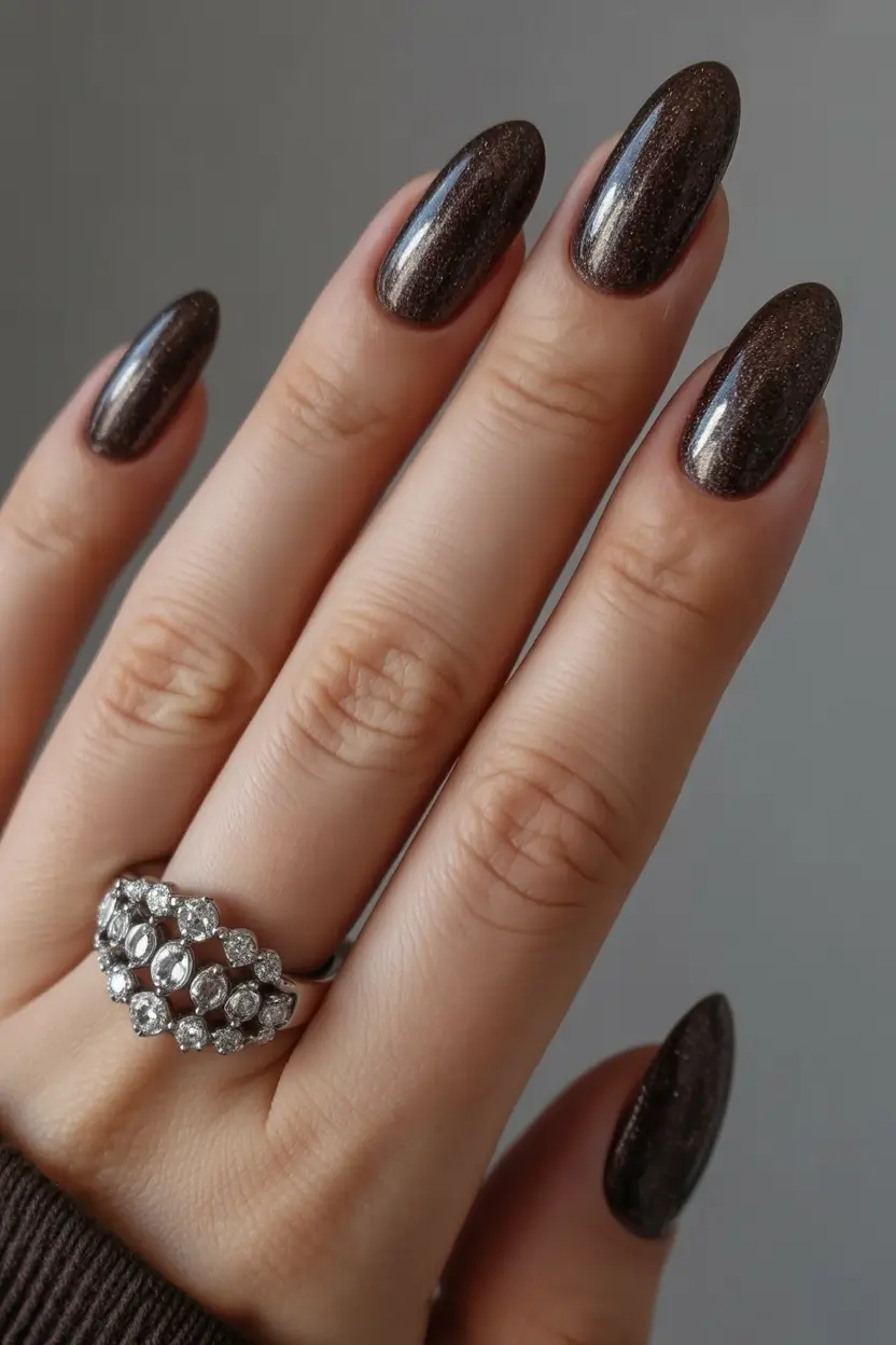 Fall Nail Color Ideas for Women Over 40 Deep Chocolate Sparkle