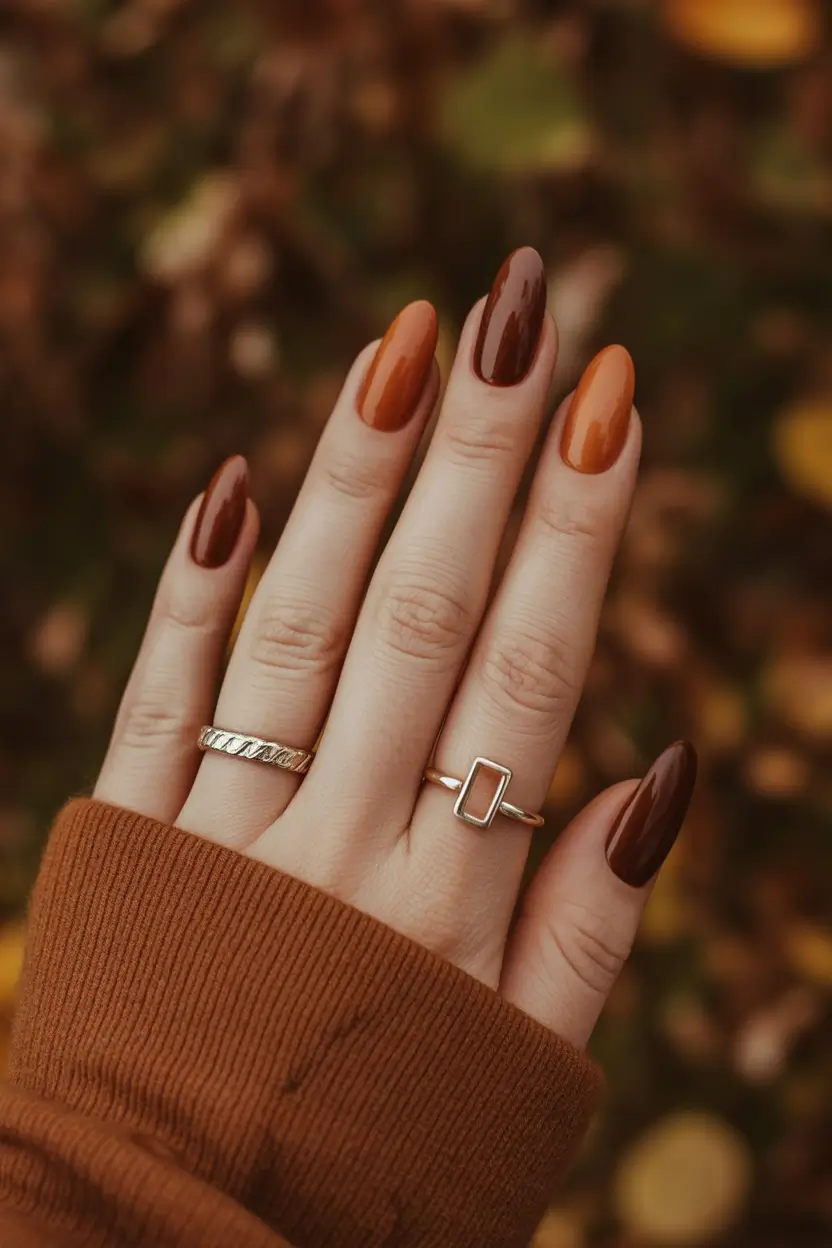 Fall Nail Color Ideas for Women Over 40 Warm Mocha and Pumpkin Duo