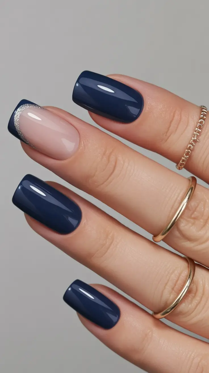 Fall Nail Color Ideas for Women Over 40 Navy with Silver Accent French