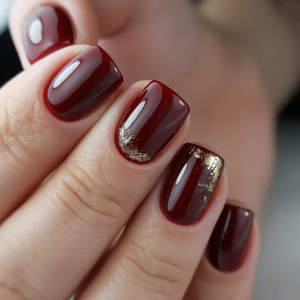 Fall Nail Color Ideas for Women Over 40 Wine Red with Gold Foil