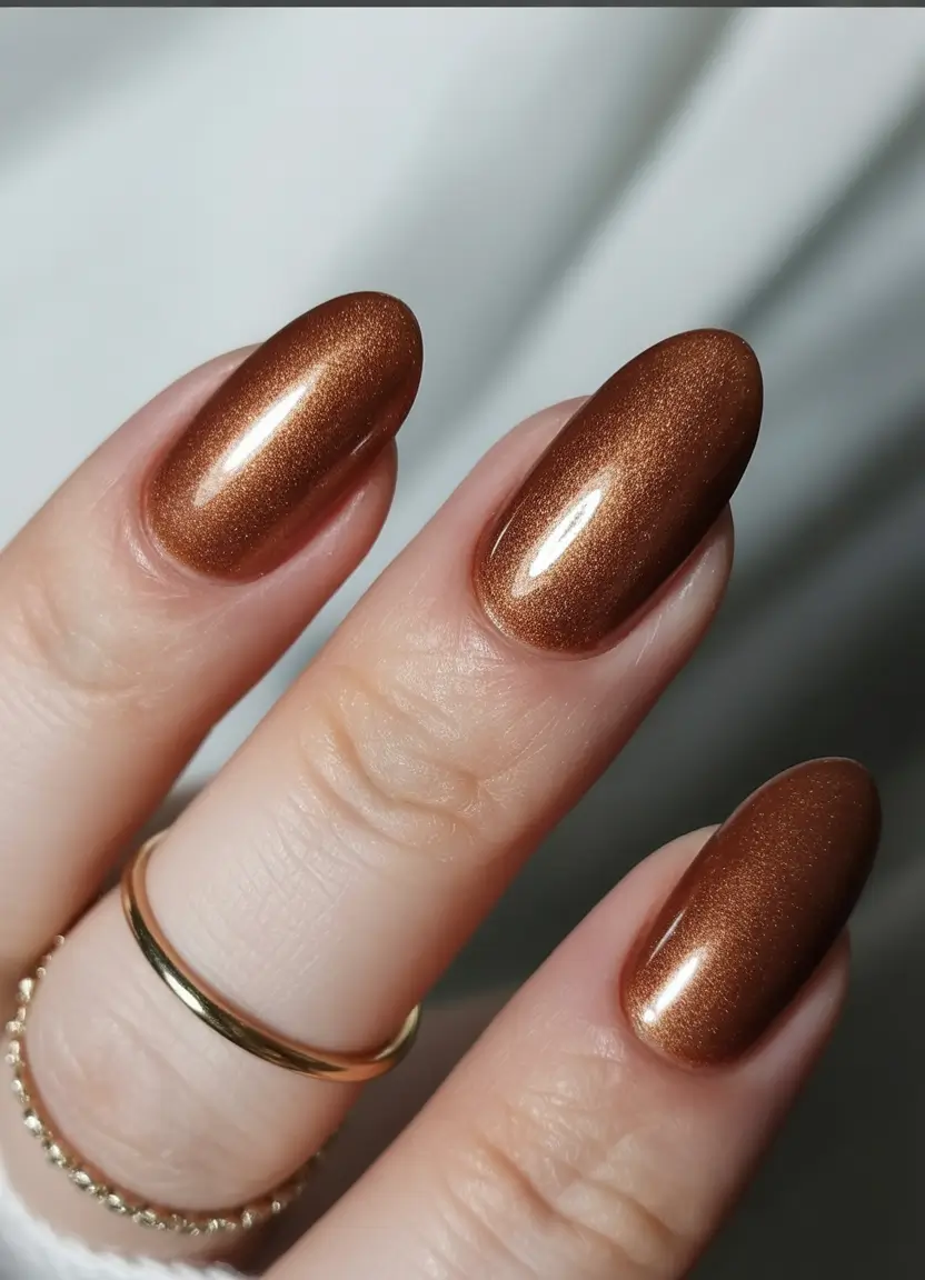 Fall Nail Color Ideas for Women Over 40 Shimmering Copper Almonds