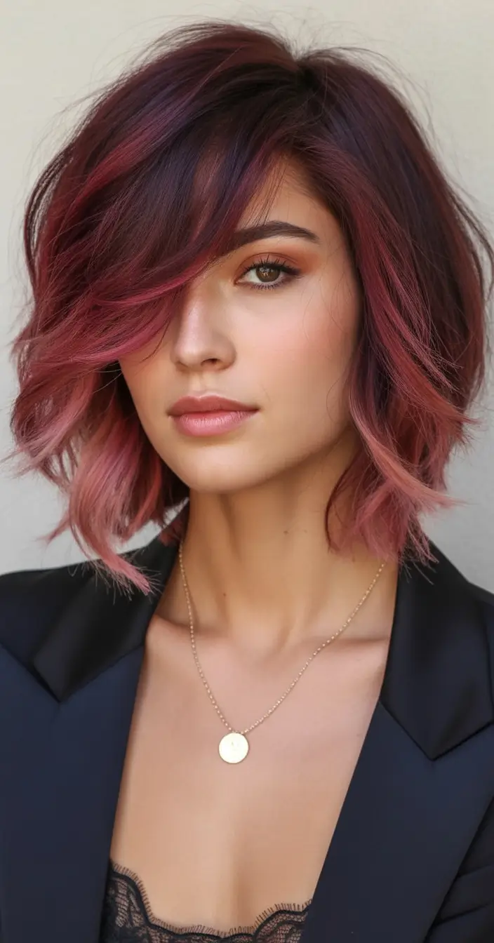 fall and winter haircuts Textured Lob in Burgundy and Rose