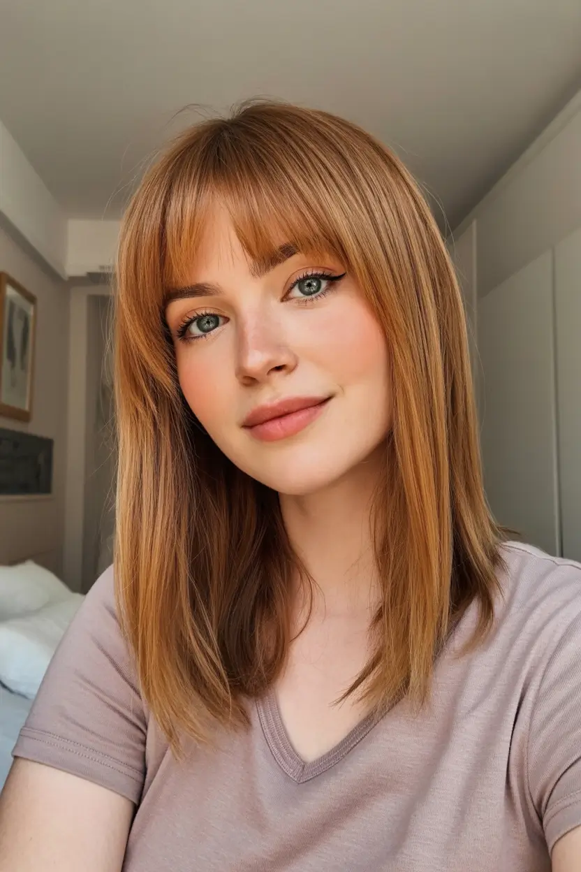 fall and winter haircuts Golden Copper Medium Cut with Bangs