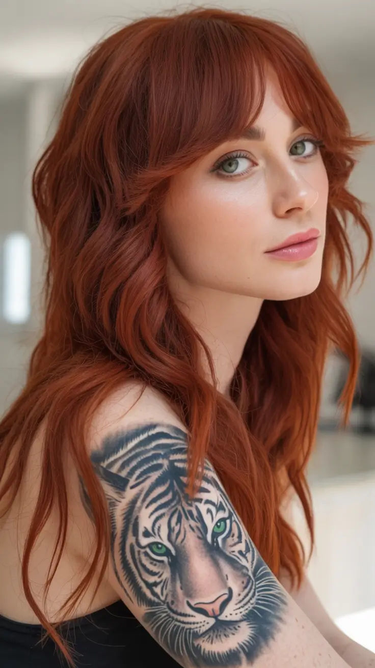 fall and winter haircuts Rusty Auburn Layers with Bangs