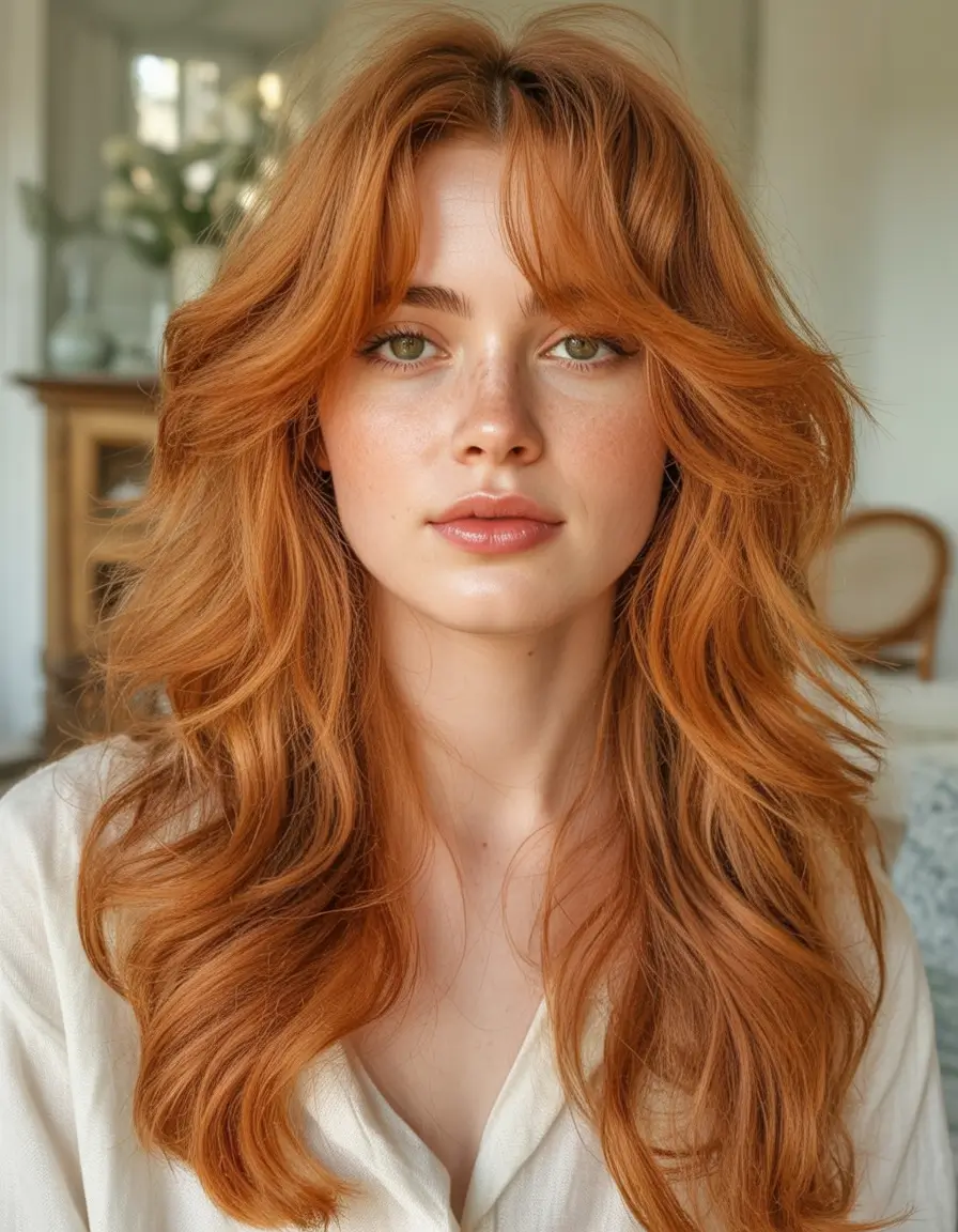 fall and winter haircuts Rusty Copper Waves with Curtain Bangs