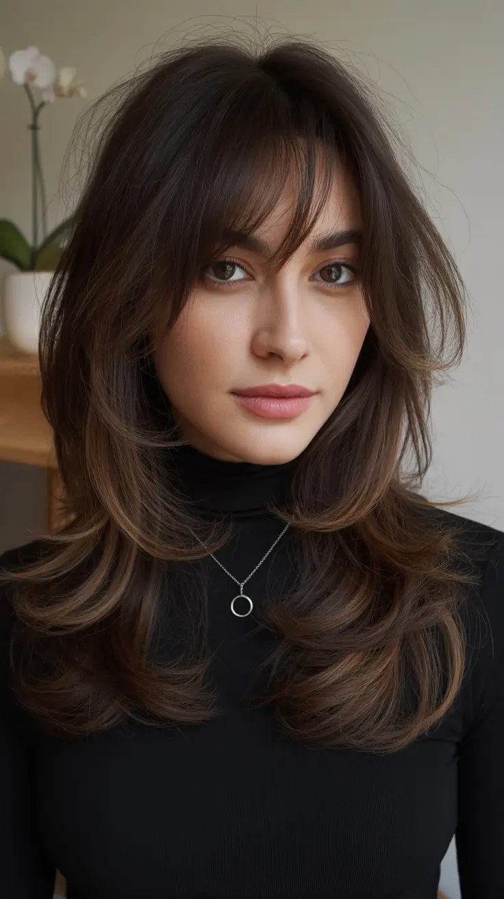 fall and winter haircuts Feathered Layers with Wispy Bangs