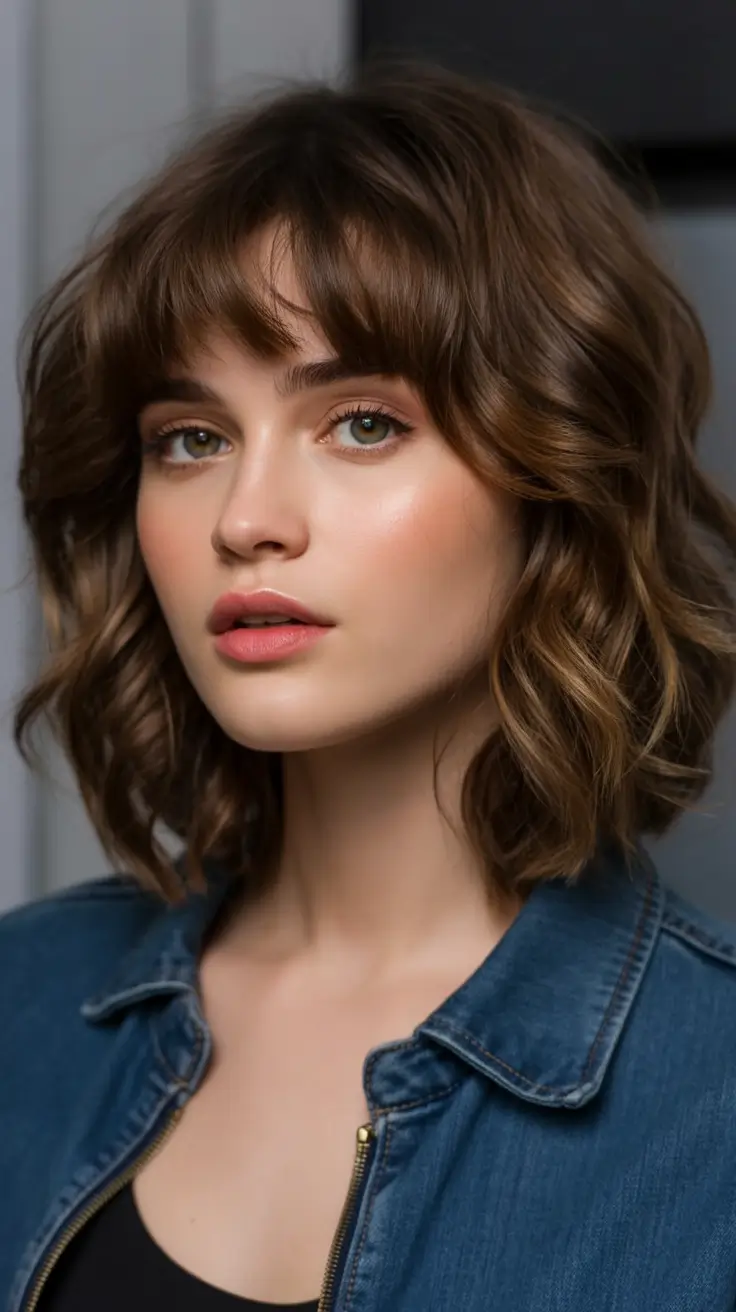October hair color Chocolate Waves with Soft Bangs