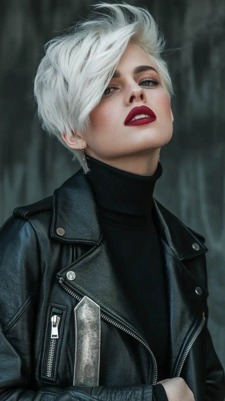 October hair color Icy White Pixie with Edge