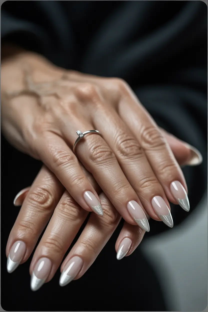 Fall Nail Color Ideas for Women Over 60 – Silver-Tipped Drama
